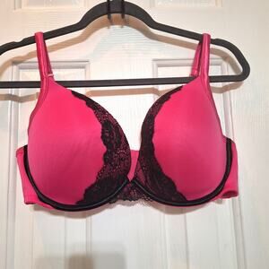 Cacique Smooth Boost Plunge 38DD pink black lace underwire bra plus size